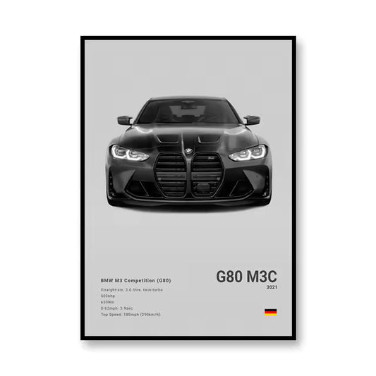 BMW M3 Competition 2021 Canvas Wall Art Print – Luxury Car Poster, 19.6x27.6in Unframed