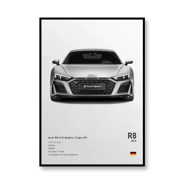 Audi R8 V10 Quattro 2019 Canvas Wall Art Print – Luxury Car Poster, 19.6x27.6in Unframed